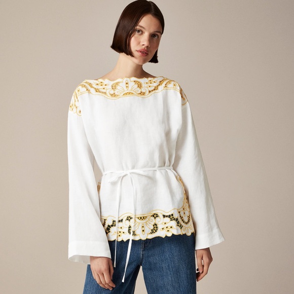 New J.CREW Size S Cutwork Tunic Top in Linen White Golden $148 CI560 - Picture 1 of 6